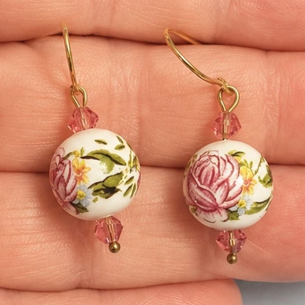 Pink Rose Dangle Pierced Earrings, Vintage 1.25" Long‎ Flower Romantic rp-72